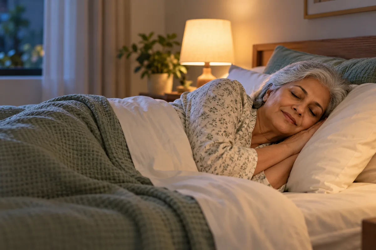 A woman asleep in bed, a lamp lit on the table beside her