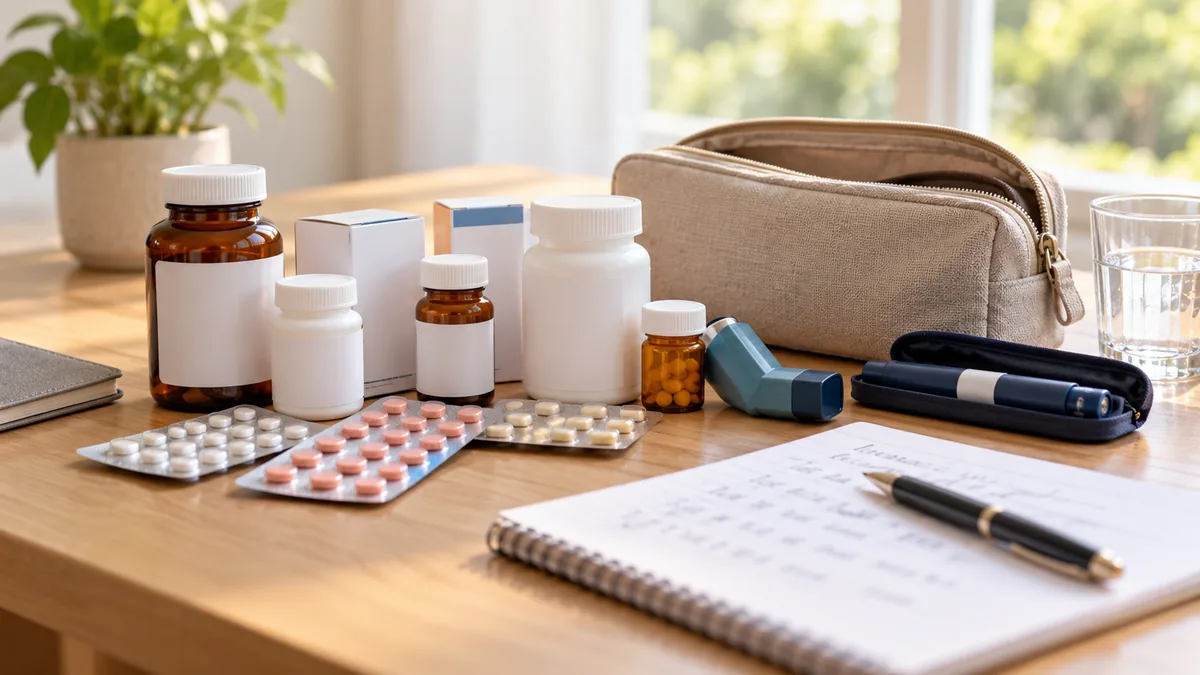 Medicine bottles, blister packs, an inhaler and an insulin pen laid out on a table beside a notebook