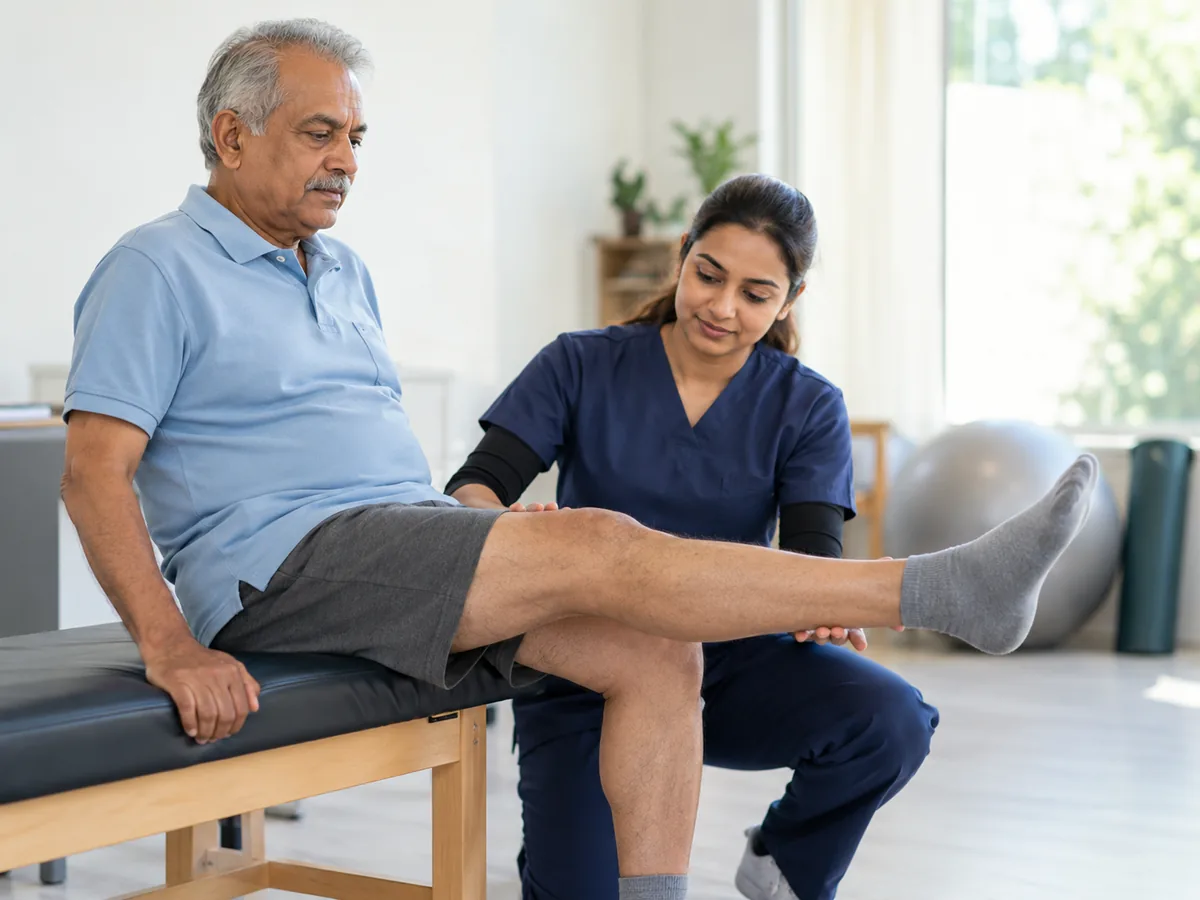 A physiotherapist supporting a man's knee during an exercise on a treatment couch
