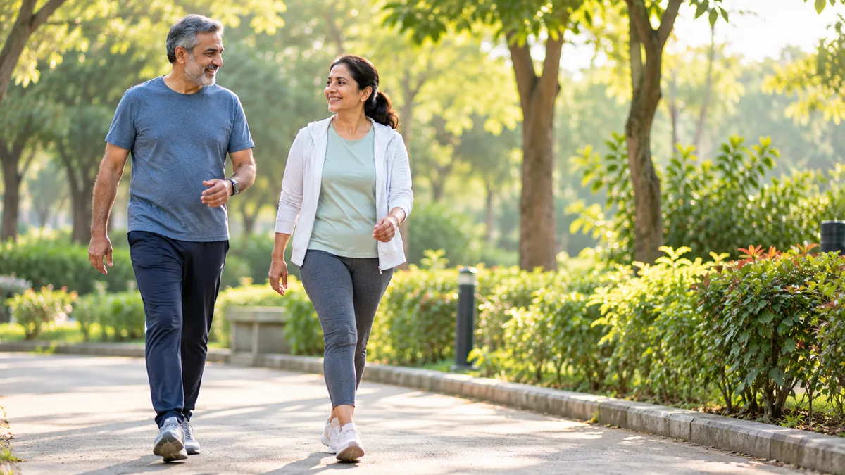 A couple walking briskly together through a park