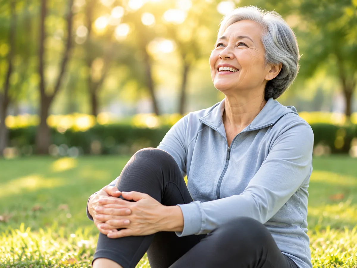 A woman in her seventies sitting on the grass in a park, holding her knee