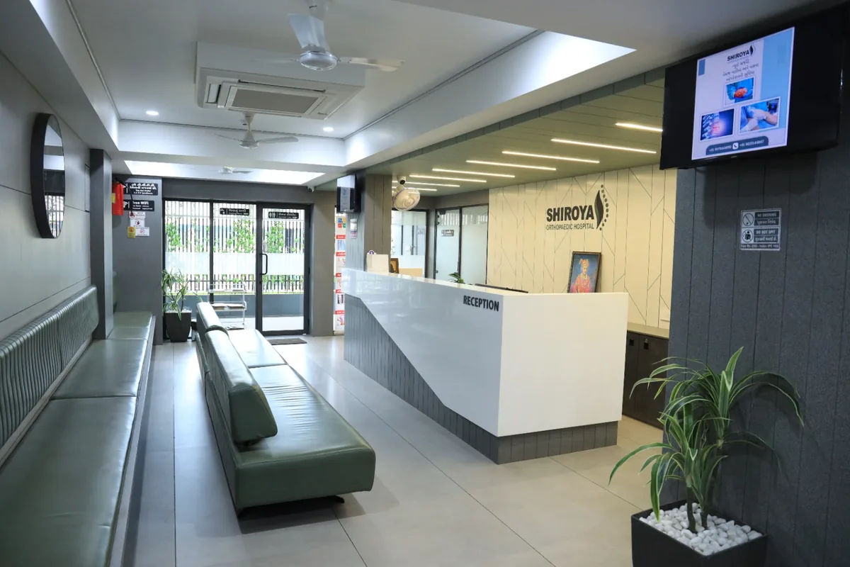 Reception and waiting area inside Shiroya Orthopedic Hospital, Varachha Main Road, Surat